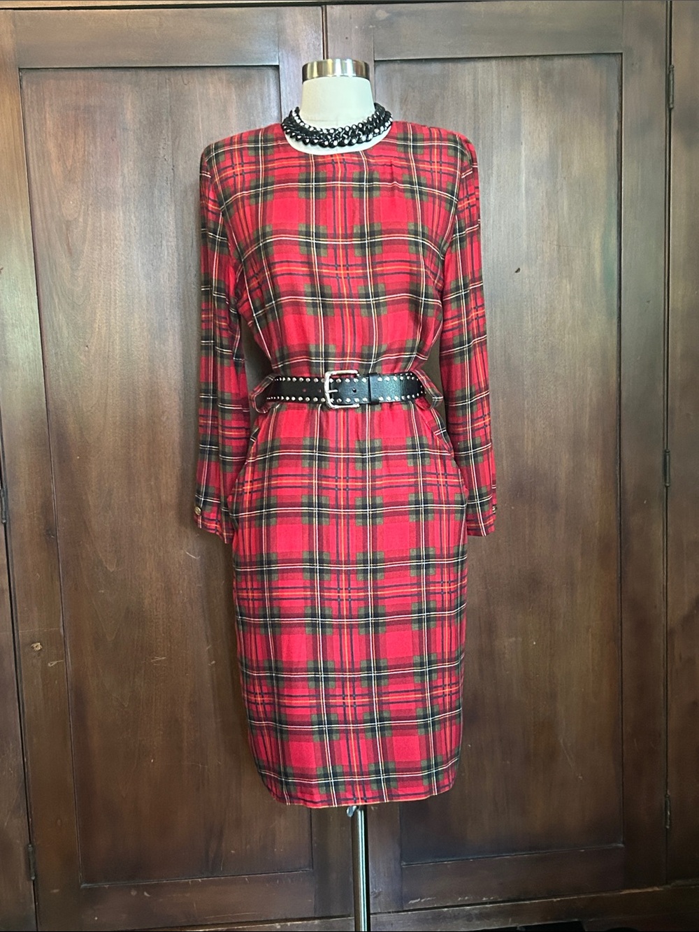 Vintage Red Plaid Long-Sleeve Sheath Dress